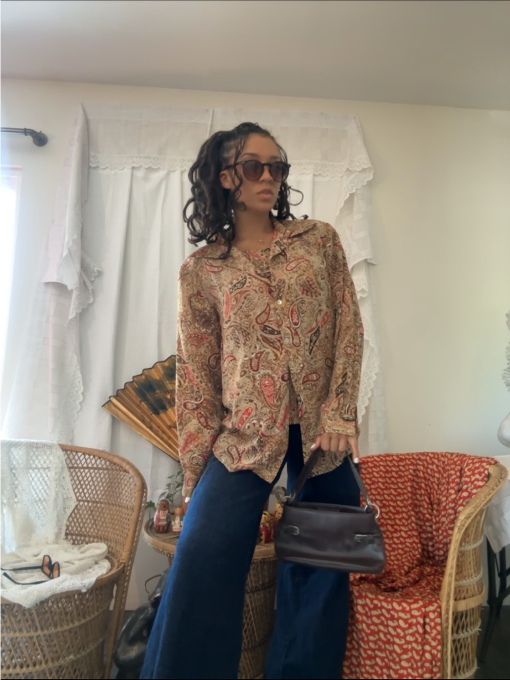 Paisley Button-Up Long-Sleeve Top in Taupe and Red